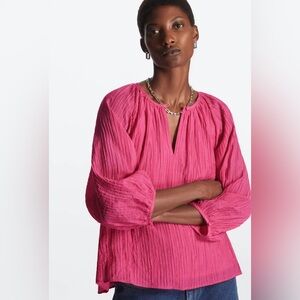Cos Puff Sleeve Seersucker Pink Blouse